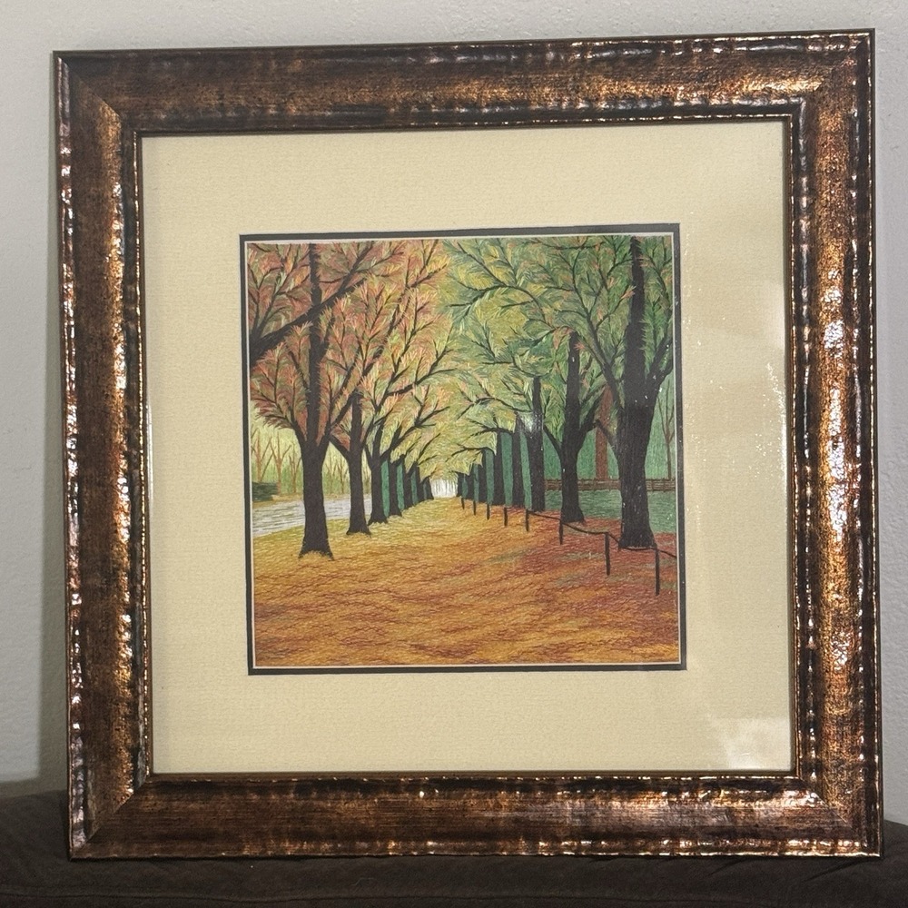 Chinese‎ Suzhou Embroidery King Silk Art "The Golden Tree Path In Autumn" Framed